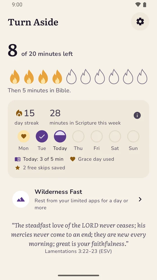 Home: 8 of 20 minutes left, shown as a row of flames, then 5 minutes in the Bible app. Below, a 15-day streak and 28 minutes in Scripture this week.