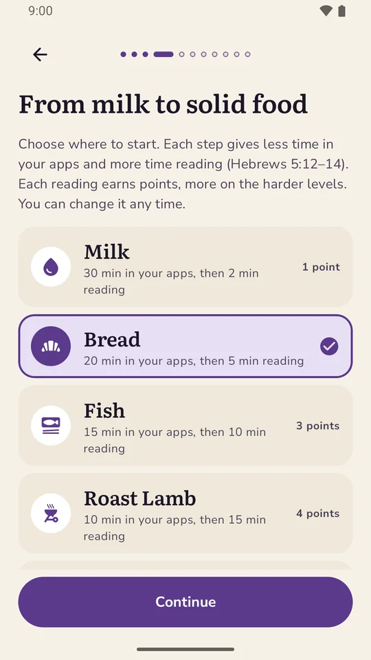Choosing a level, from Milk to solid food: Milk, Bread, Fish, Roast Lamb and Fattened Calf, each with its minutes and points.