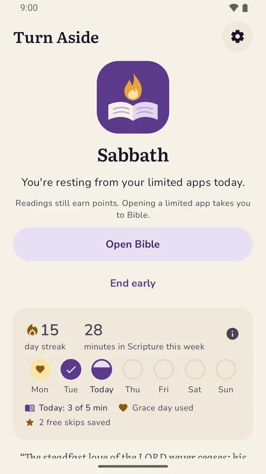 Home on a Sabbath: You're resting from your limited apps today, with Open Bible.